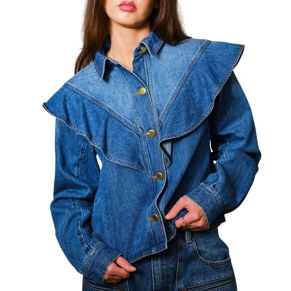 BLUE B Jackets & Blazers - NEW BLUE B diagonal ruffled long sleeves denim jacket in med wash